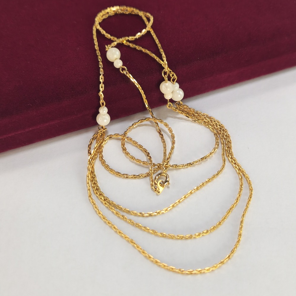 Gold Tone Split Strand Faux Pearl Station Draped Chain Necklace